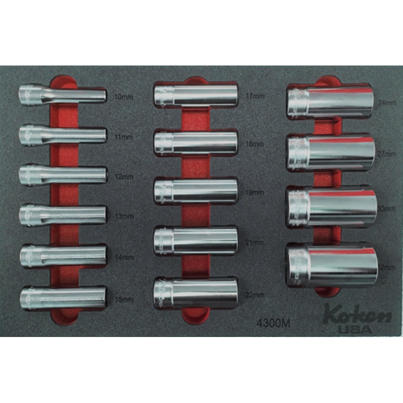 1/2″ Sq. Dr. Deep Socket Set Metric in Foam – 15 Pieces Red Foam