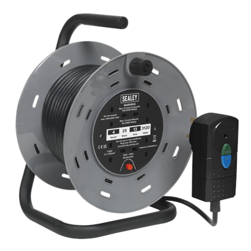 Sealey Cable Reel 25m 4 x 230V 1.25mm Thermal Trip with RCD Plug