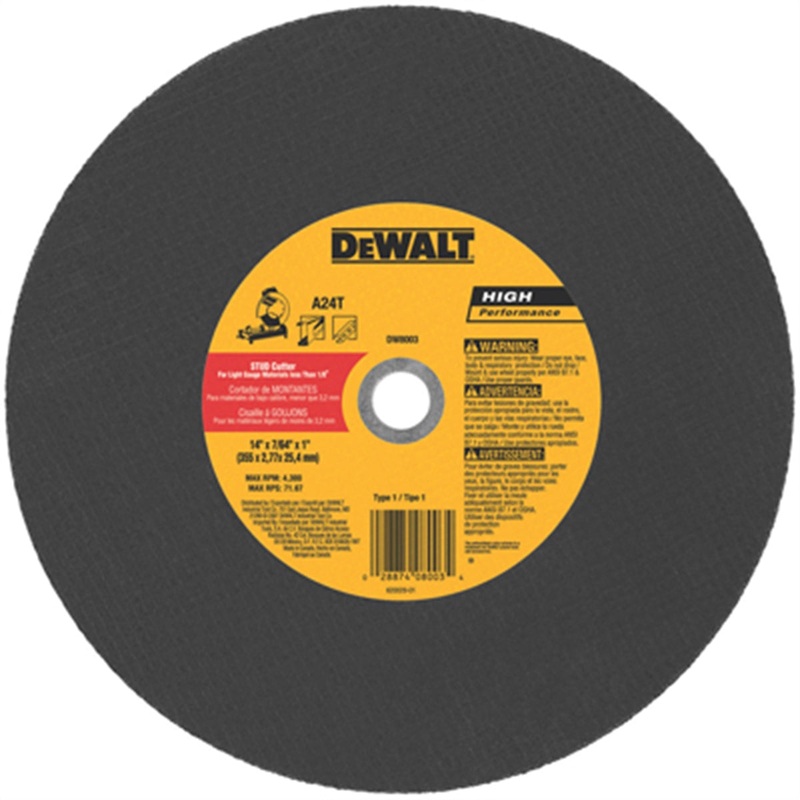 DeWalt 14″ Chop Saw Blade, 1 Inch Arbor, 7/64 Thick, used for Stud Cutting, Max RPM 4,300