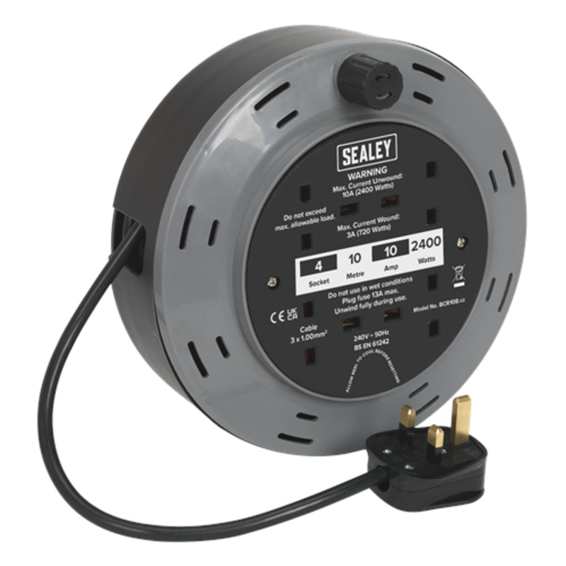 Sealey Cassette Type Cable Reel 10m 4 x 230V 1.00mm Thermal Trip