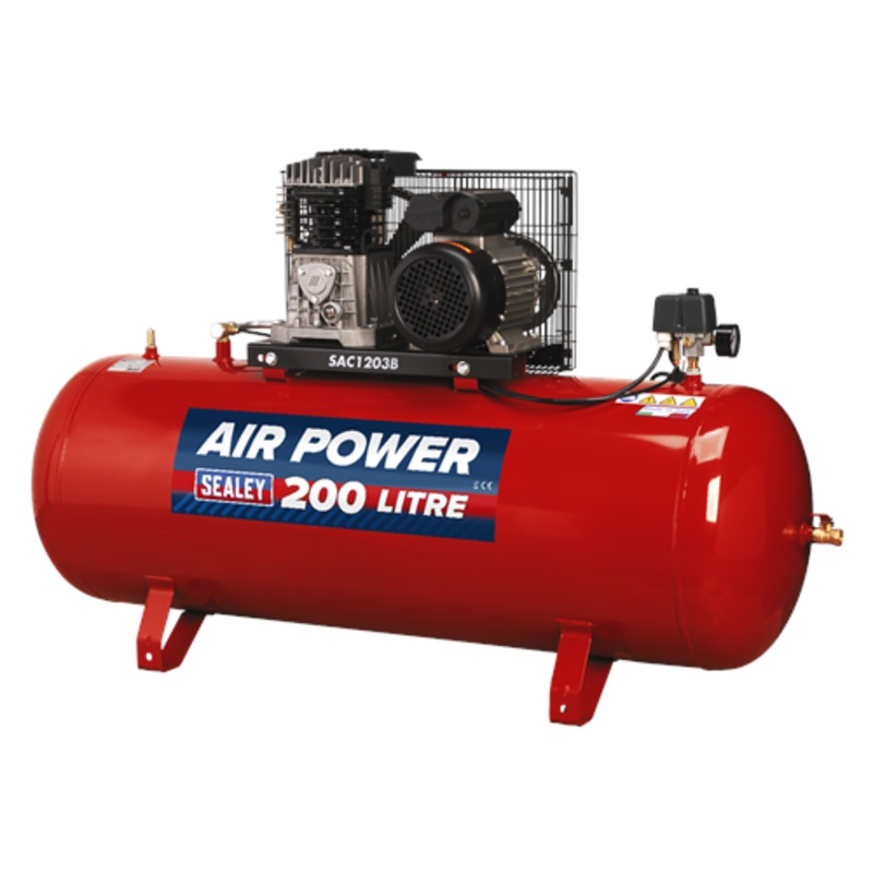 Sealey Air Compressor 200L Belt Drive, 3hp with Cast Cylinders