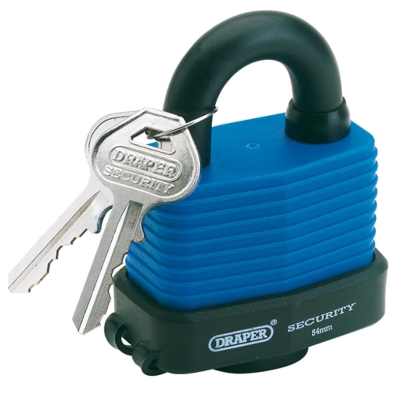Draper Laminated Steel Padlock and 2 Keys with Hardened Steel Shackle and Bumper, 54mm