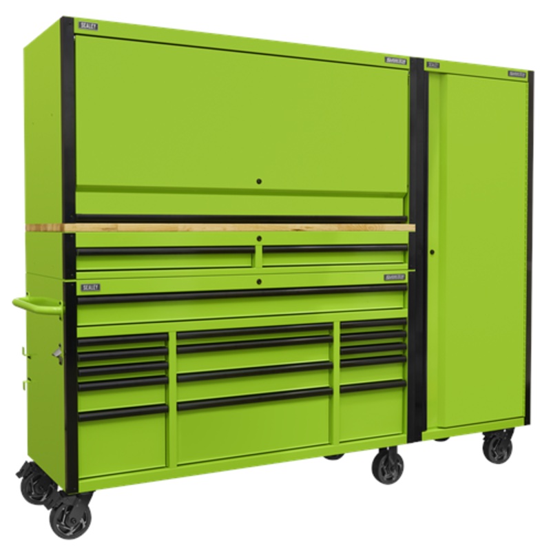 Sealey Superline Pro 15 Drawer 1549mm Mobile Trolley with Wooden Worktop, Hutch, 2 Drawer Riser & Side Locker