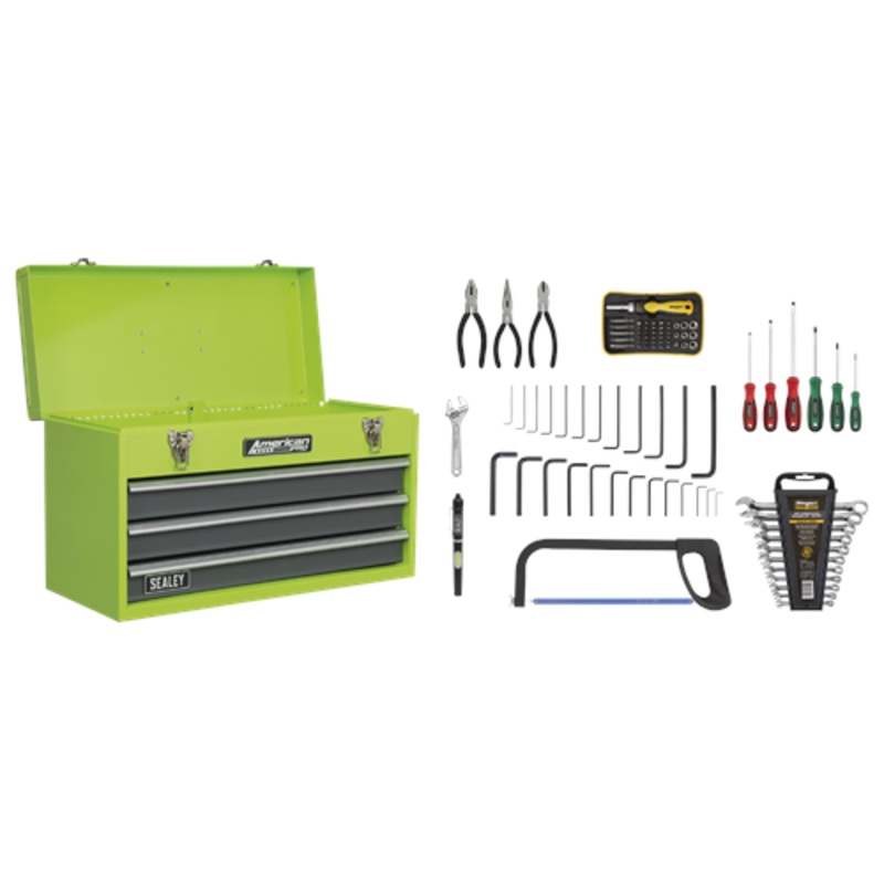 Sealey American Pro Portable Tool Chest 3 Drawer with Ball-Bearing Slides – Hi-Vis & 93pc Tool Kit