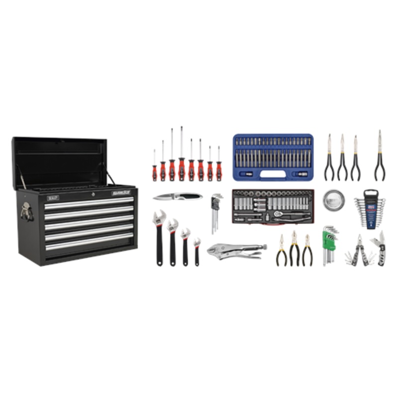 Sealey Superline Pro Topchest 5 Drawer with Ball-Bearing Slides – Black & 140pc Tool Kit