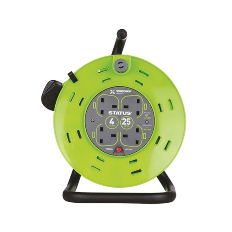 Status 25 Mtr – 13 amp – M Frame – 4 Socket Outlet with Thermal Cut Out – Green – Cable Reel