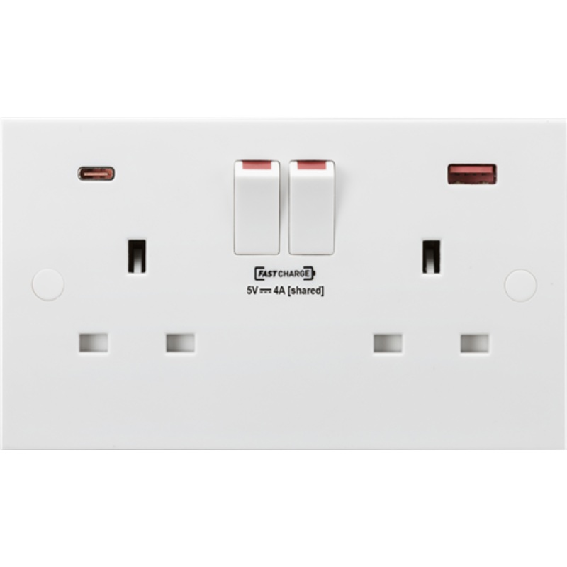 KnightsBridge 13A 2G DP Square Edge White Switched Socket with Dual USB FASTCHARGE ports (A + C)
