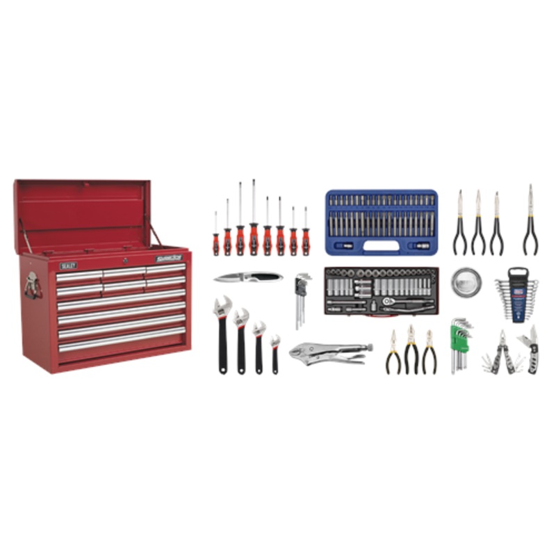 Sealey Superline Pro Topchest 10 Drawer with Ball-Bearing Slides – Red & 140pc Tool Kit