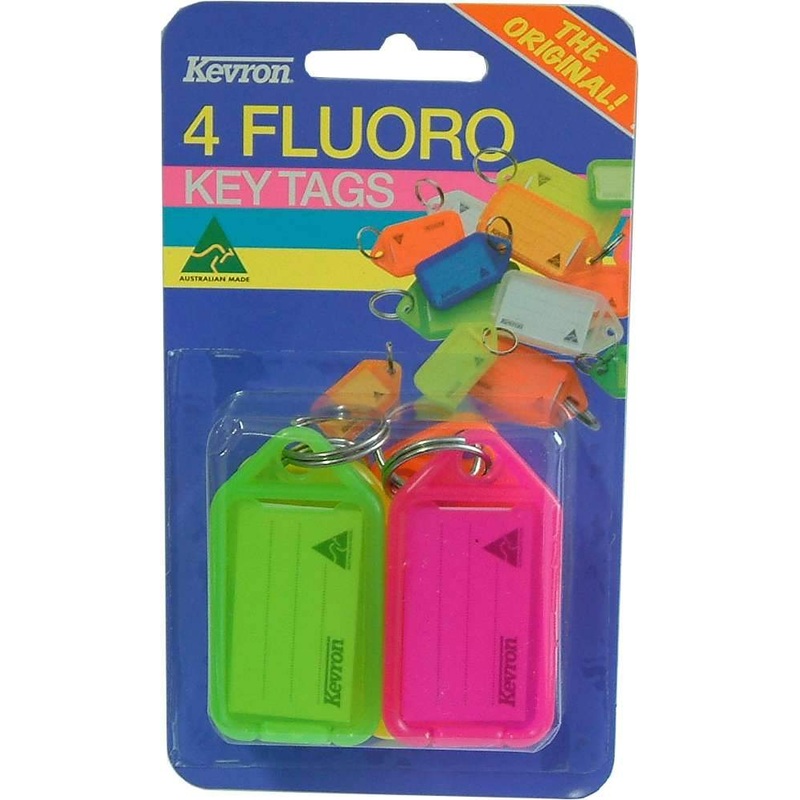 Kevron Key Tag Holders with Label – Fluoro 4-pce Carded