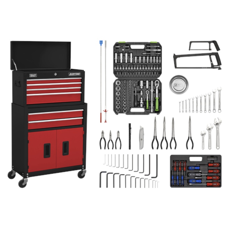 Sealey American Pro Topchest & Rollcab Combination 6 Drawer with Ball-Bearing Slides – Red/Black & 170pc Tool Kit