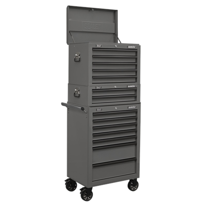 Sealey Superline Pro Topchest, Mid-Box & Rollcab Combination 14 Drawer with Ball-Bearing Slides – Grey