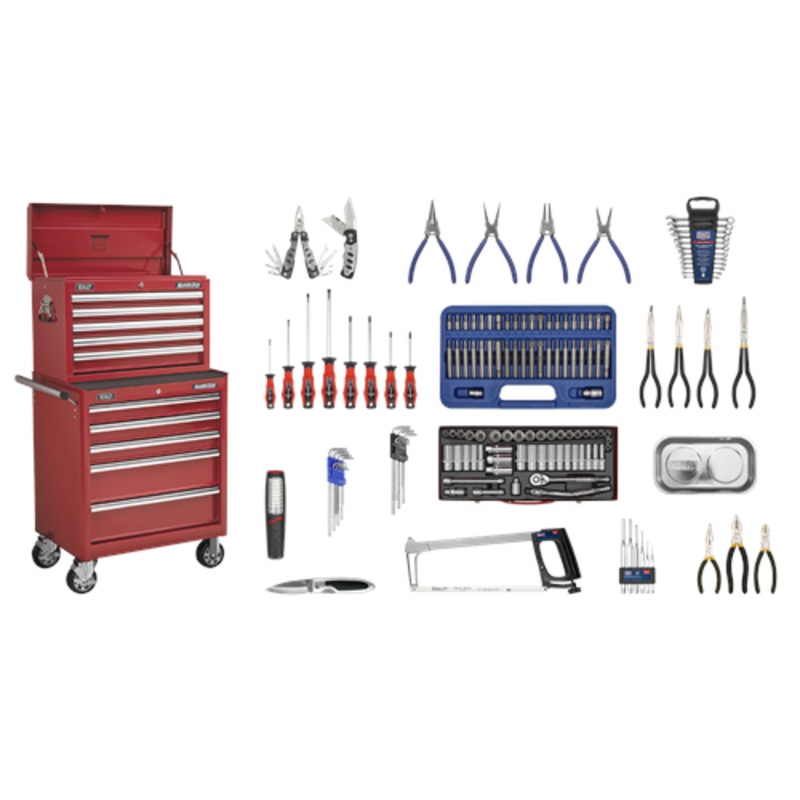 Sealey Superline Pro Topchest & Rollcab Combination 10 Drawer with Ball-Bearing Slides – Red & 147pc Tool Kit