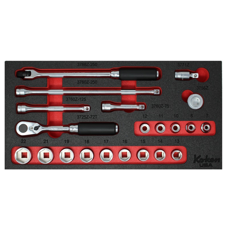 3/8″ Sq. Dr. Socket and Driver Set Metric with 72T Ratchet in Foam (Red, Blue, Green, Yellow or Gray) Red