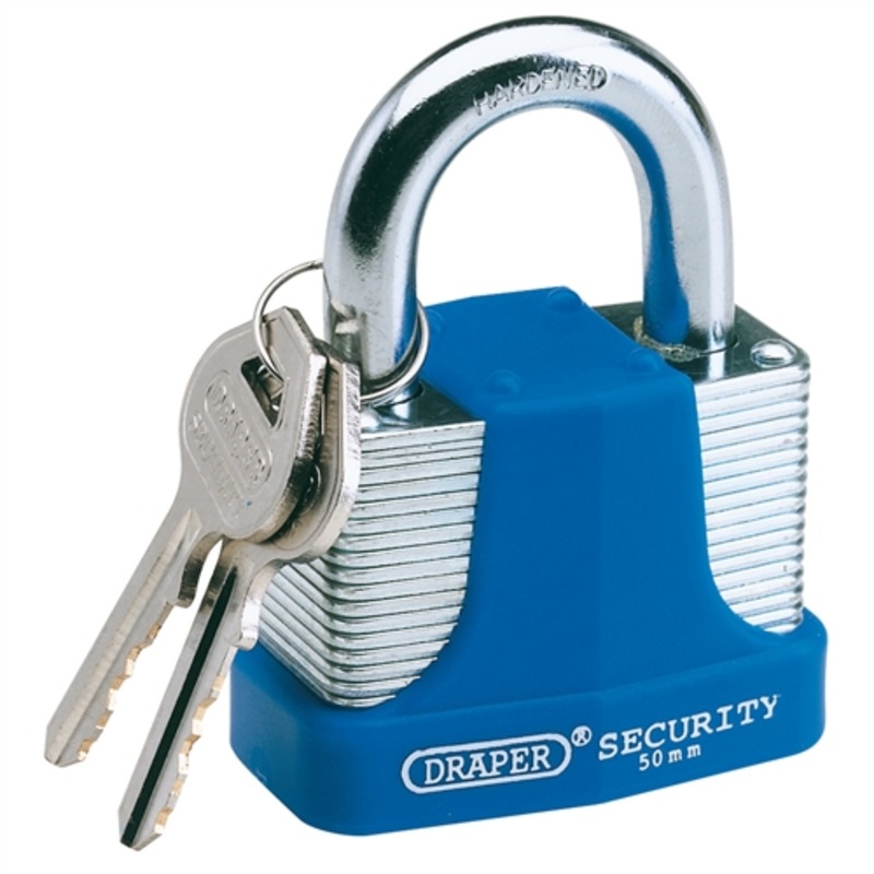 Draper Laminated Steel Padlock and 2 Keys with Hardened Steel Shackle and Bumper, 50mm