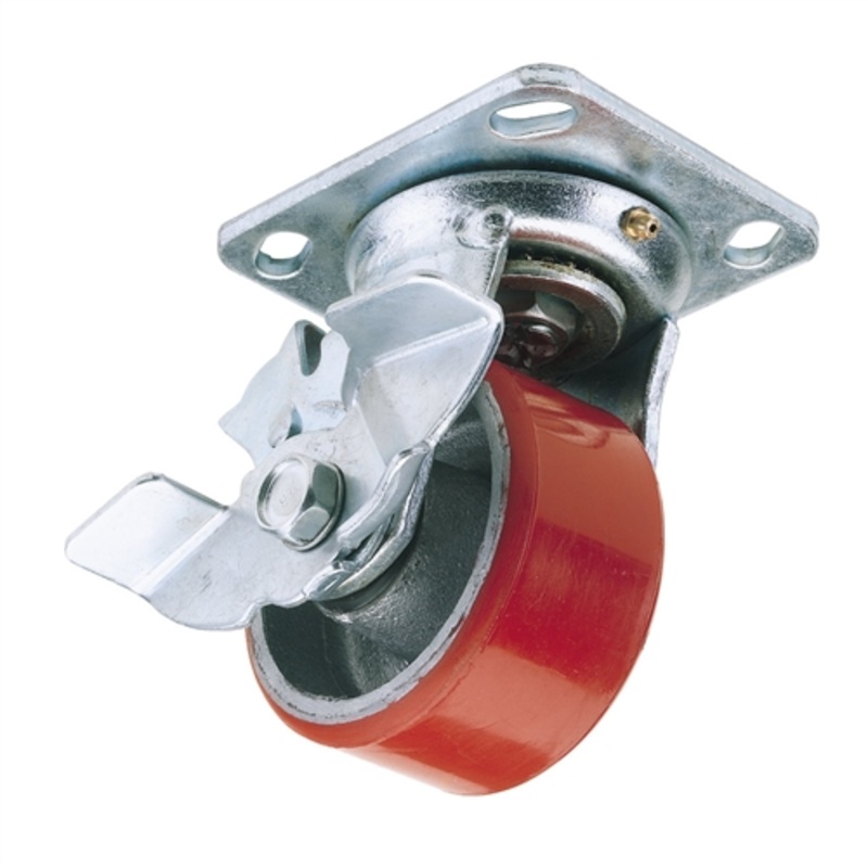 Draper Swivel Plate Fixing Heavy Duty Polyurethane Wheel with Brake, 125mm Diameter, S.W.L. 300kg