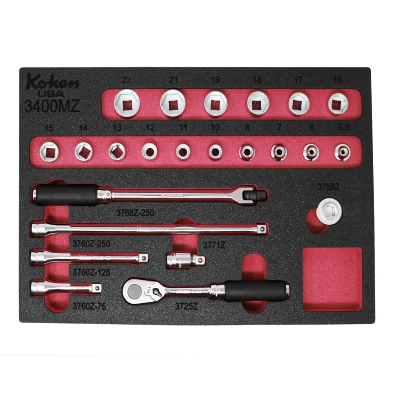 Z-Series 3/8″ Sq. Dr. Metric Socket Set with Quick Release Ratchet in Foam – 23 Pieces Red Foam