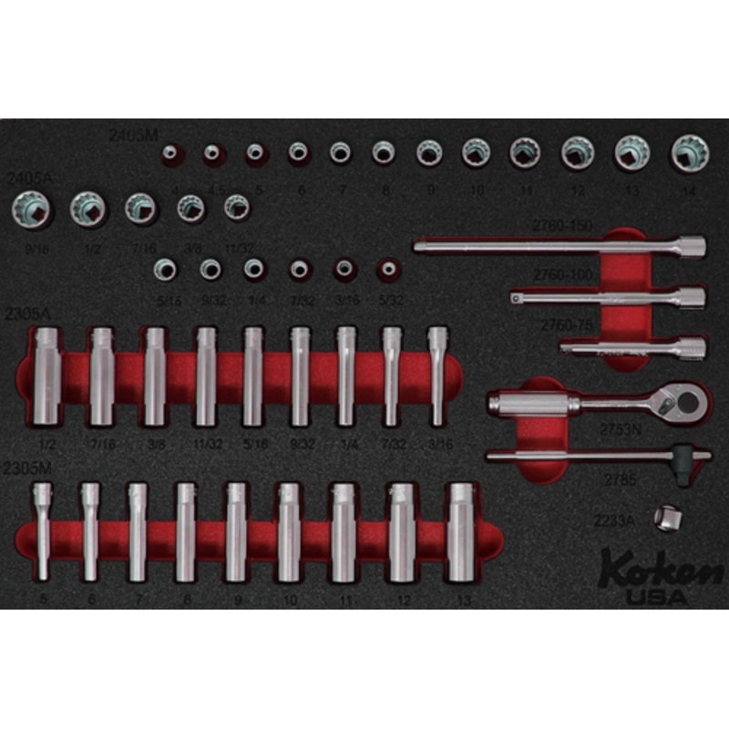 1/4″ 12 Point Sq. Dr. Socket and Accessories Set in Foam  – 49 Pieces Red Foam