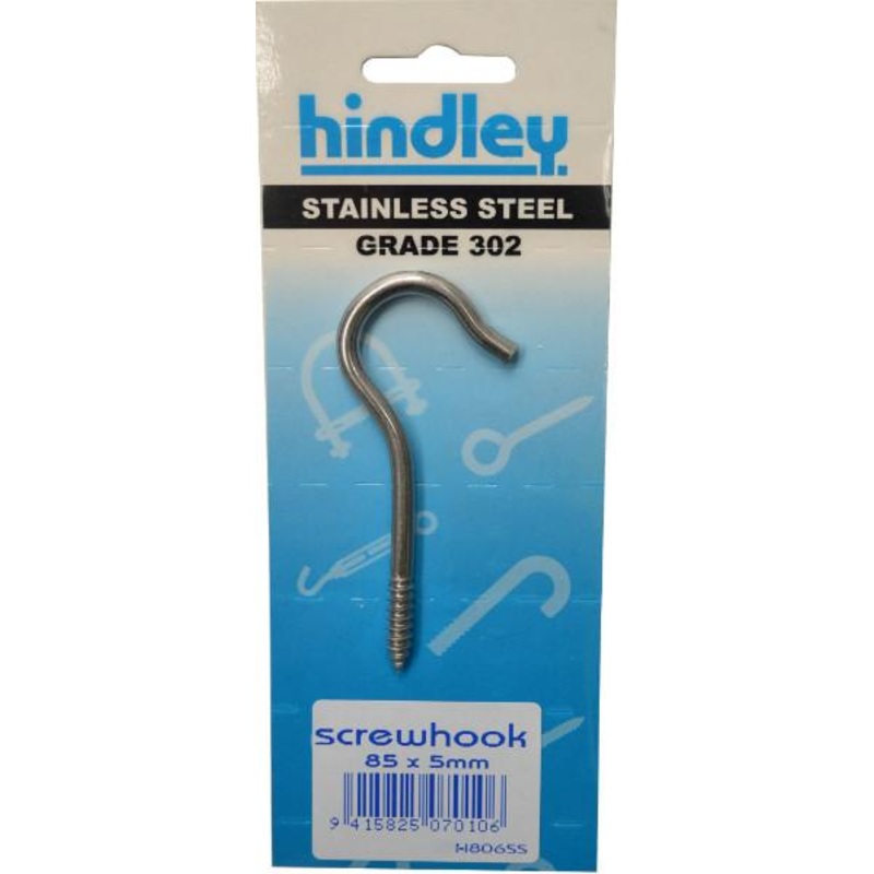 Hindley Screw Hook Stainless Steel 85mm x 5mm Carded